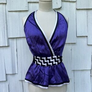 Y2K Fairycore Bebe 100% Silk Purple Halter Top NWT Deep V Belted Open Back  S
